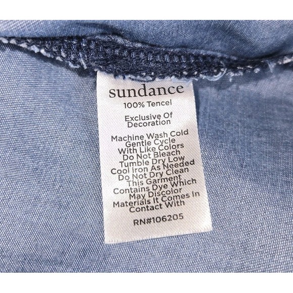 Sundance Luzia Chambray Shirt Lace Trim Blouse Pintuck Ruffle Medium Blue Long - Picture 6 of 9